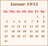 Kalender Januar 1932