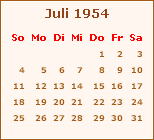 Kalender Juli 1954