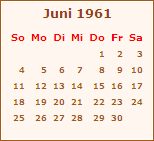 Kalender Juni 1961