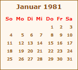 Kalender Januar 1981