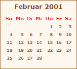 Kalender Februar 2001