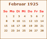 Kalender Februar 1925