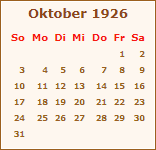 Kalender Oktober 1926