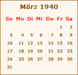 Kalender Mrz 1940