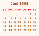 Kalender Juni 1962
