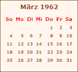 Kalender März 1962