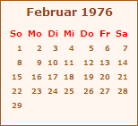 Kalender Februar 1976