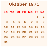 Kalender Oktober 1971