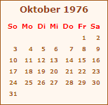 Kalender Oktober 1976