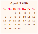 Kalender April 1986