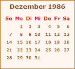 Kalender Dezember 1986