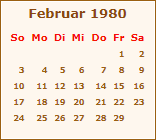 Kalender Februar 1980