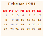 Kalender Februar 1981