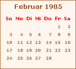 Kalender Februar 1984