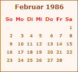 Kalender Februar 1986
