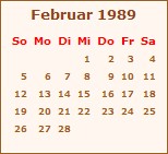Kalender Februar 1989