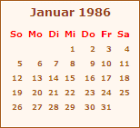 Kalender Januar 1986