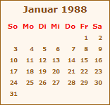 Kalender Januar 1988