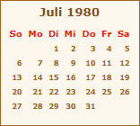 Kalender Juli 1980