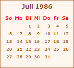 Kalender Juli 1986