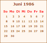 Kalender Juni 1986
