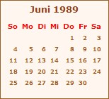 Kalender Juni 1989