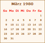 Kalender März 1980