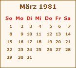 Kalender März 1981