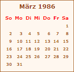Kalender Mrz 1986