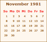 Kalender November 1981