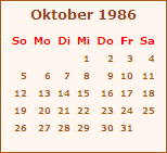 Kalender Oktober 1986