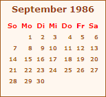 Kalender September 1986