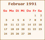 Kalender Februar 1991
