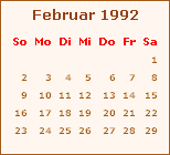 Kalender Februar 1992