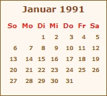 Kalender Januar 1991