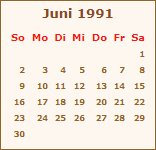 Kalender Juni 1991