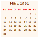 Kalender März 1991