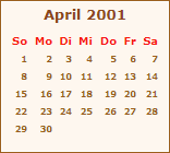 Kalender April 2001
