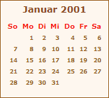 Kalender Januar 2001