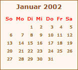Kalender Januar 2002