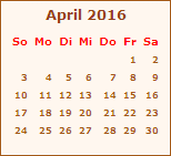 Kalender April 2016