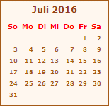 Kalender Juli 2016