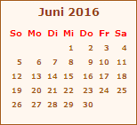 Kalender Juni 2016