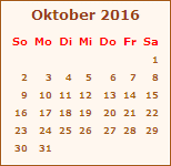 Kalender Oktober 2016