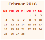 Kalender Februar 2018