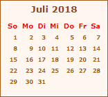 Kalender Juli 2018