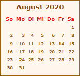 Kalender August 2020