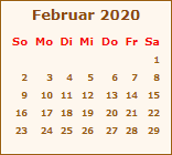 Kalender Februar 2020