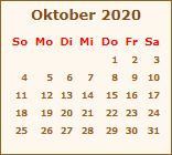 Kalender Oktober 2020