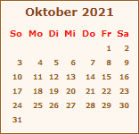 Kalender Oktober 2021